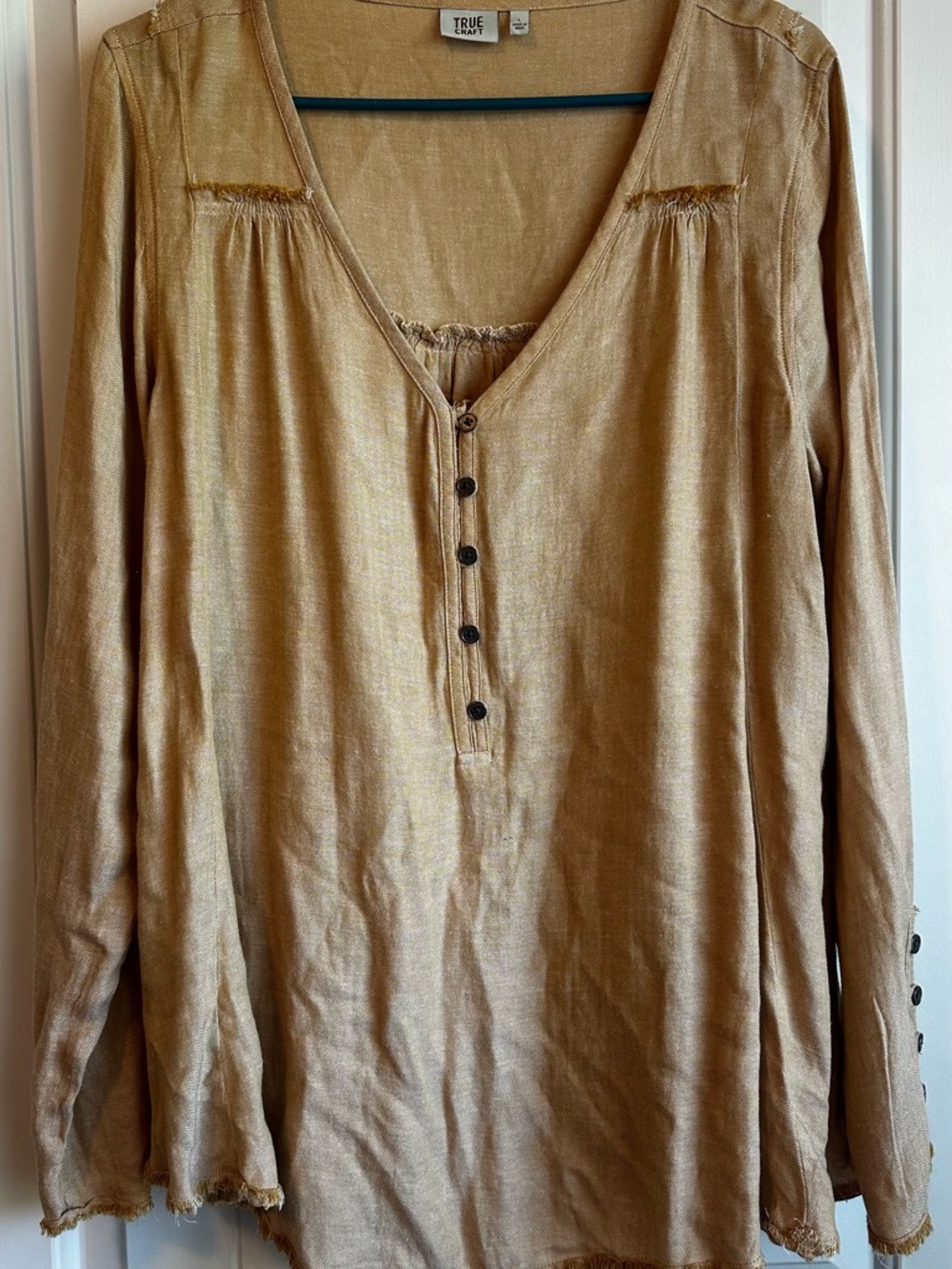 True Craft Women's Long Sleeve Button Henley Top in Gold